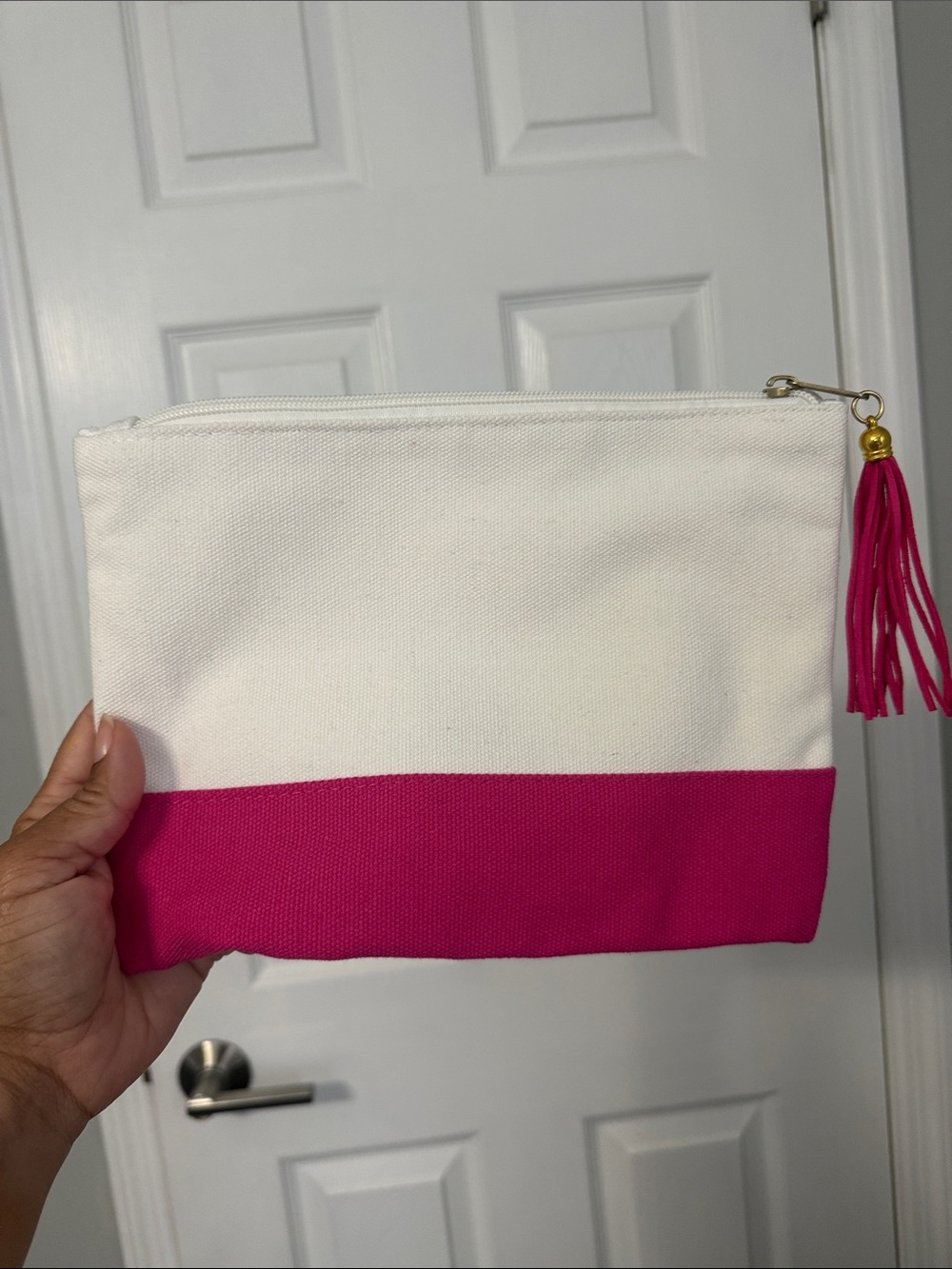 Canvas Cosmetic Pouch in Off white and Hot Pink with Tassel